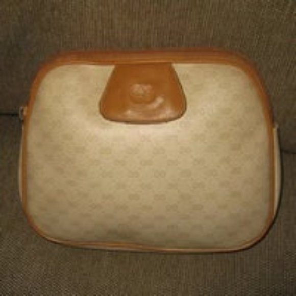 ❤️GUCCI Micro G Logo Print Tan Canvas Leather Coated Canvas Clutch Cosmeti…